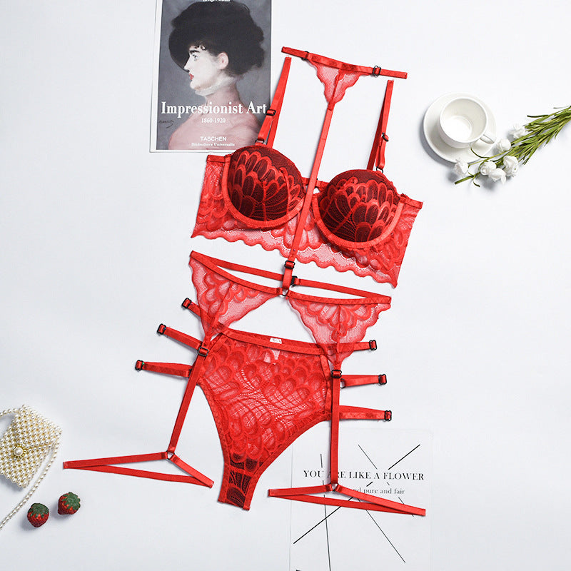 三件套内衣带胸垫海绵钢圈塑形蕾丝挂脖