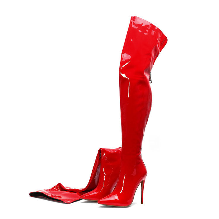 Botas de pierna estrecha con tacón de aguja y cremallera en la espalda puntiagudas Botas de cuero brillante por encima de la rodilla para mujer
