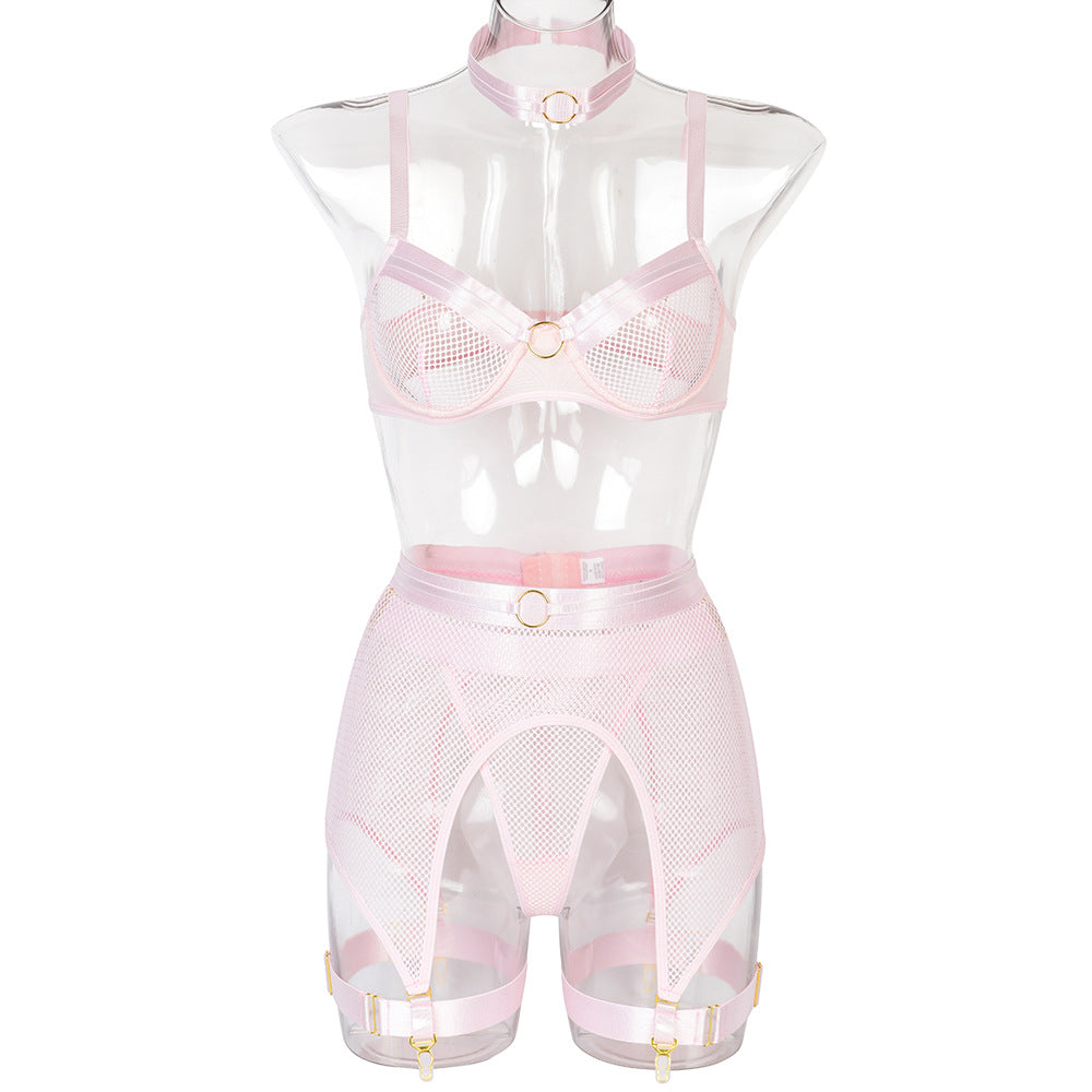 Women's Mesh Stitching Four-piece Underwear With Halterneck Girdle