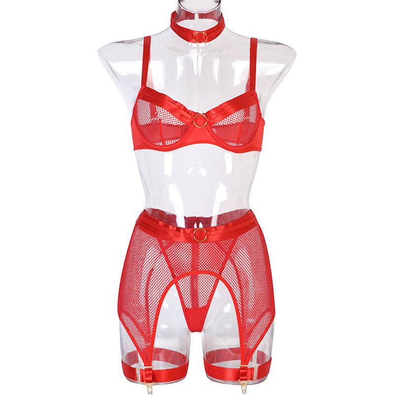 Women's Mesh Stitching Four-piece Underwear With Halterneck Girdle
