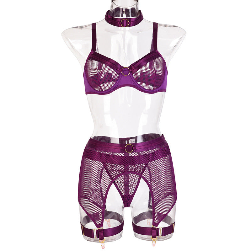 Women's Mesh Stitching Four-piece Underwear With Halterneck Girdle