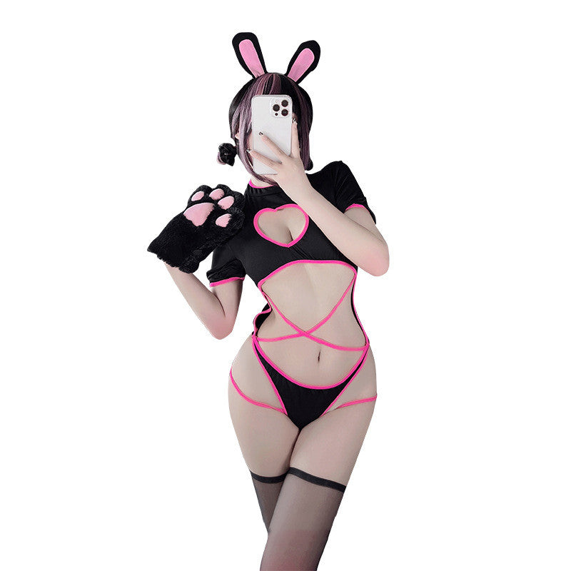 Ladies Colorblock Cute Dress Transparent Bodysuit Set