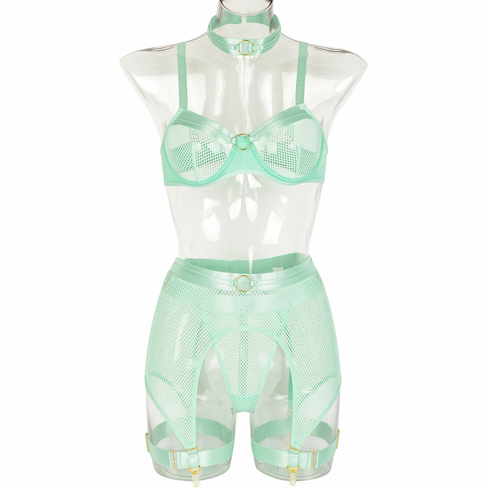 Women's Mesh Stitching Four-piece Underwear With Halterneck Girdle