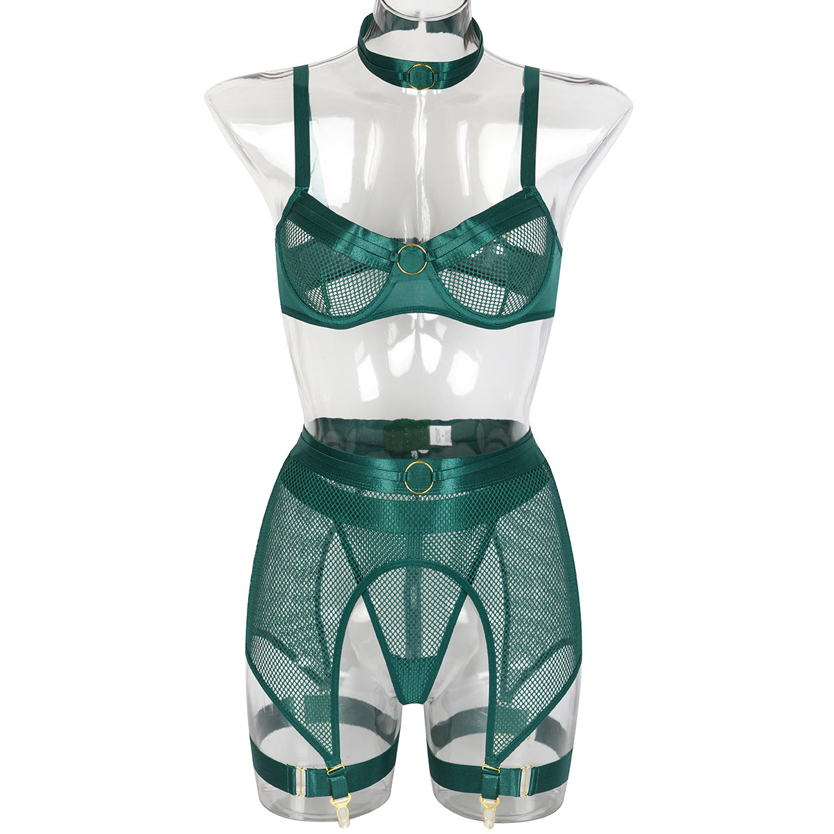 Women's Mesh Stitching Four-piece Underwear With Halterneck Girdle