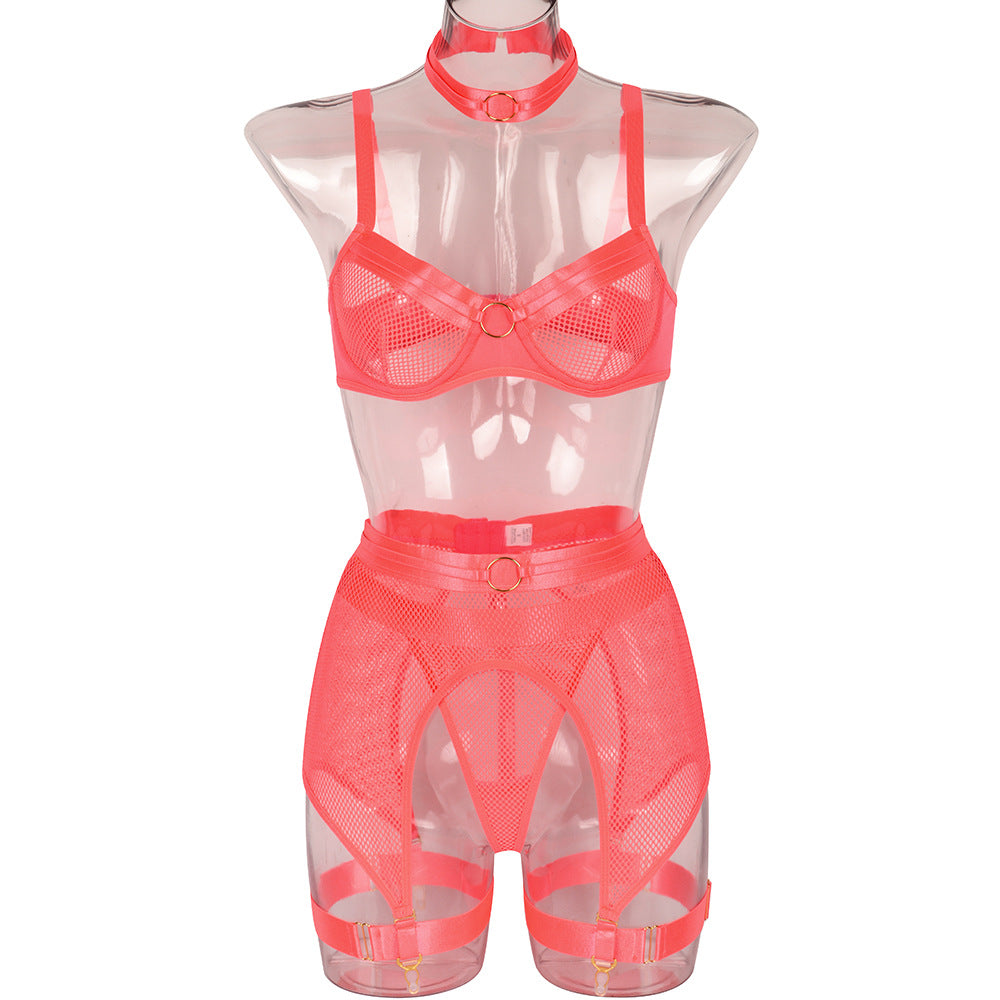 Women's Mesh Stitching Four-piece Underwear With Halterneck Girdle