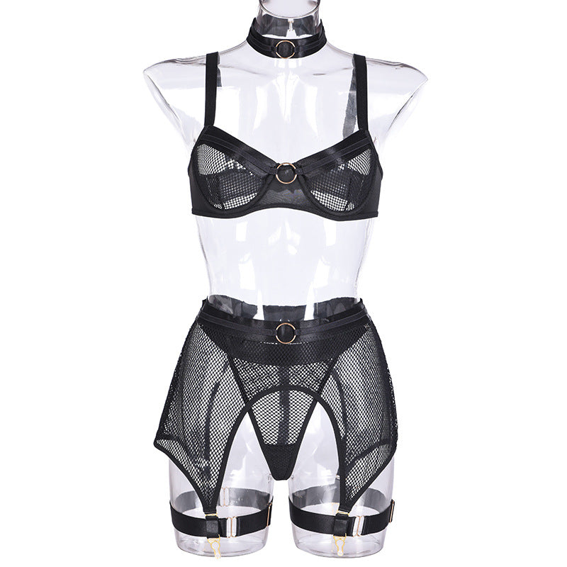 Women's Mesh Stitching Four-piece Underwear With Halterneck Girdle